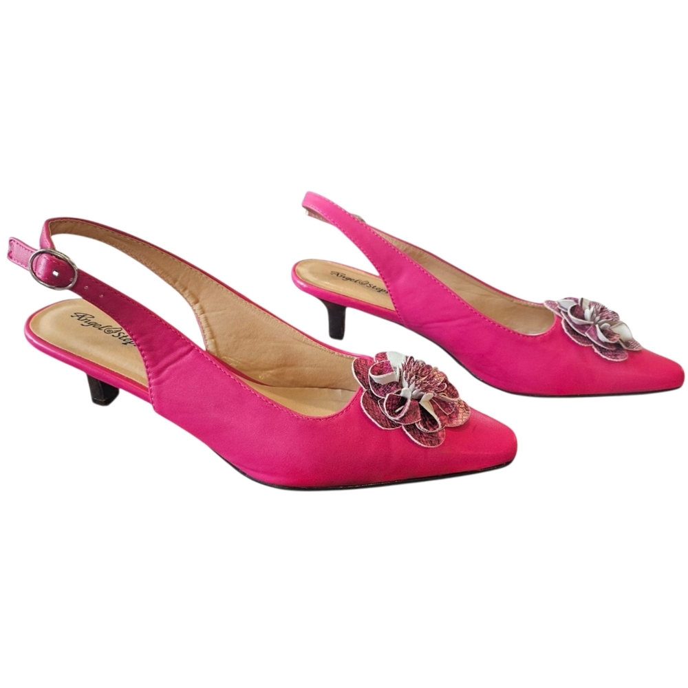 Angel Steps Women's Bright Pink Slingback Pointed Toe Kitten Heel Flower 9.5W